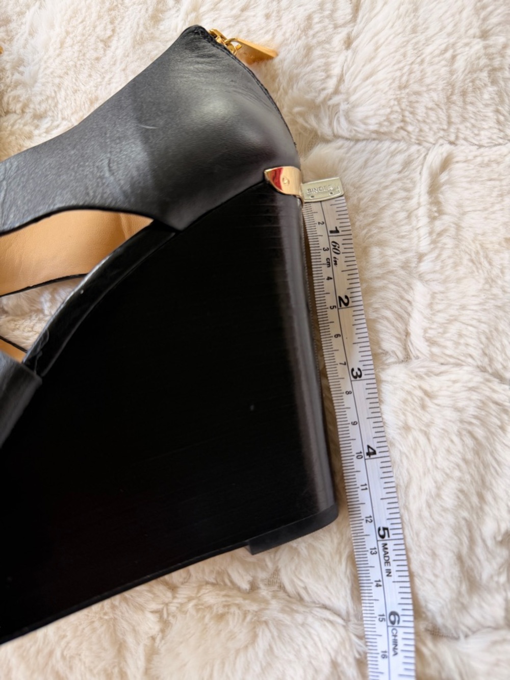 Michael Kors Black Leather Platform Wedge Sandals | Gold Zip Back | Size 7M - Picture 12 of 14